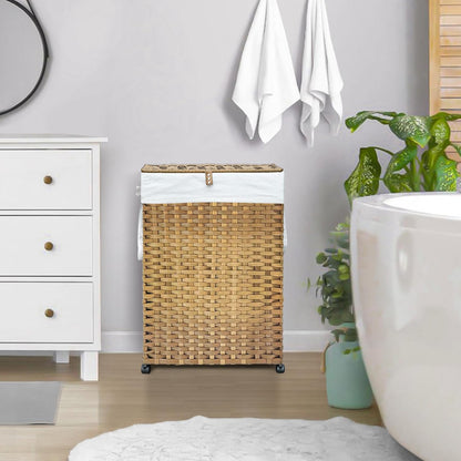 70L Slim Laundry Hamper with Lid & Wheels, Rolling Laundry Basket with 2 Removable Liner Bags & 3 Mesh Bags, Narrow Dirty Clothes Basket, Foldable Handwoven Rattan Laundry Sorter, Brown