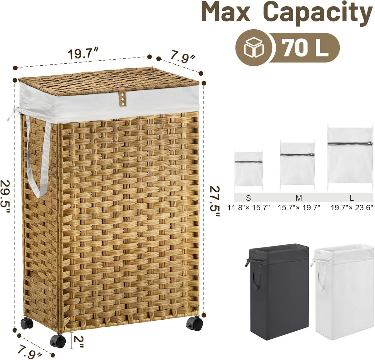 70L Slim Laundry Hamper with Lid & Wheels, Rolling Laundry Basket with 2 Removable Liner Bags & 3 Mesh Bags, Narrow Dirty Clothes Basket, Foldable Handwoven Rattan Laundry Sorter, Brown