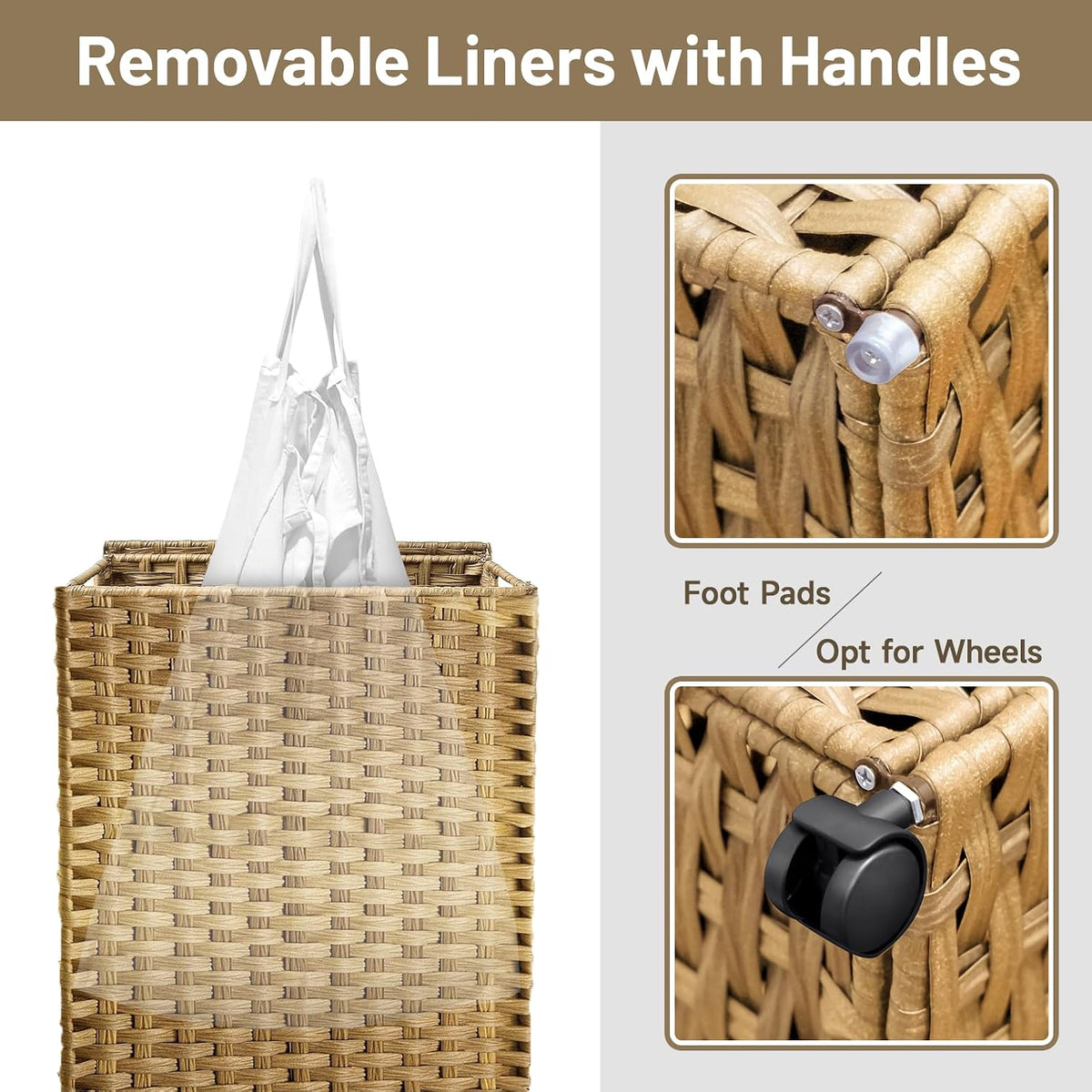 70L Slim Laundry Hamper with Lid & Wheels, Rolling Laundry Basket with 2 Removable Liner Bags & 3 Mesh Bags, Narrow Dirty Clothes Basket, Foldable Handwoven Rattan Laundry Sorter, Brown