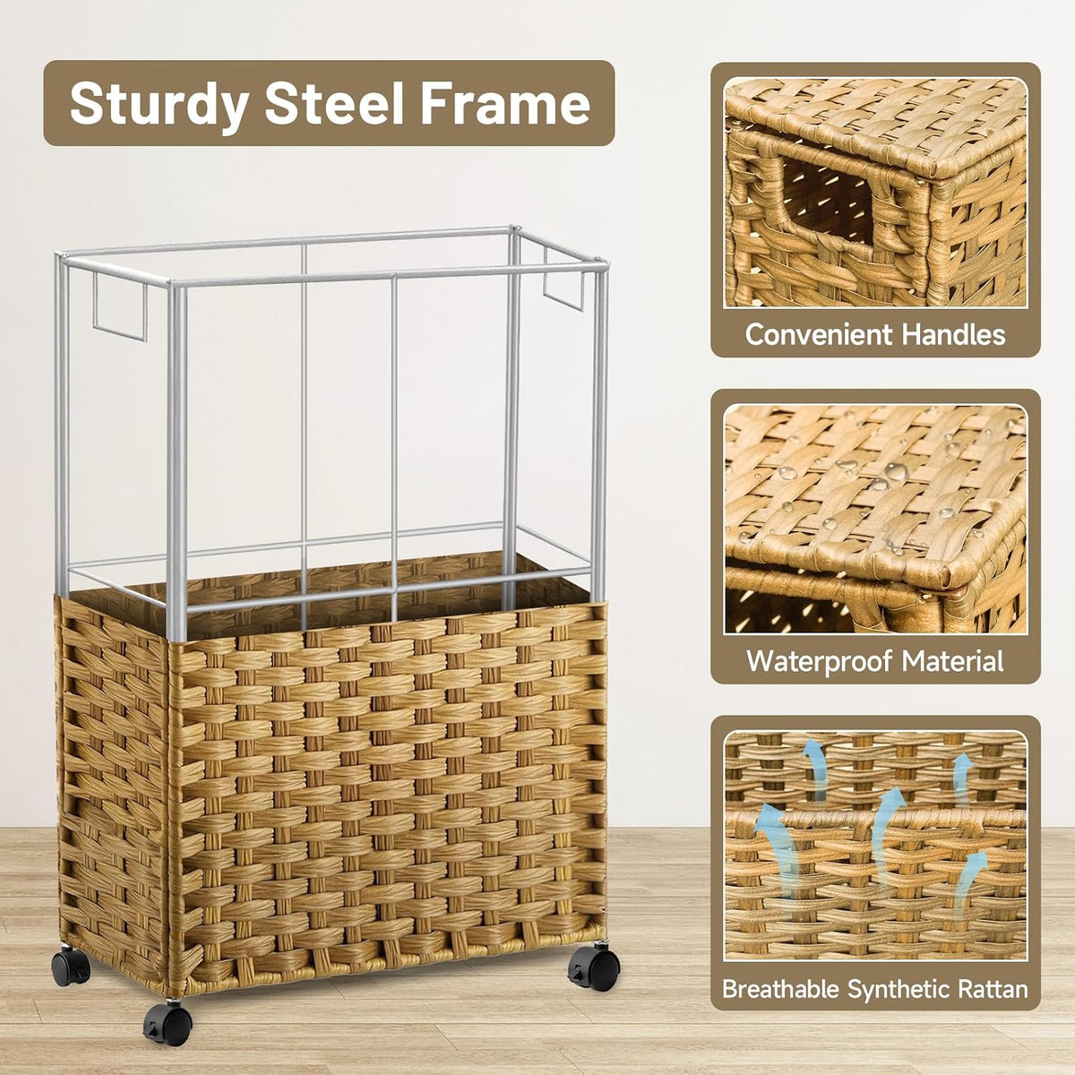 70L Slim Laundry Hamper with Lid & Wheels, Rolling Laundry Basket with 2 Removable Liner Bags & 3 Mesh Bags, Narrow Dirty Clothes Basket, Foldable Handwoven Rattan Laundry Sorter, Brown