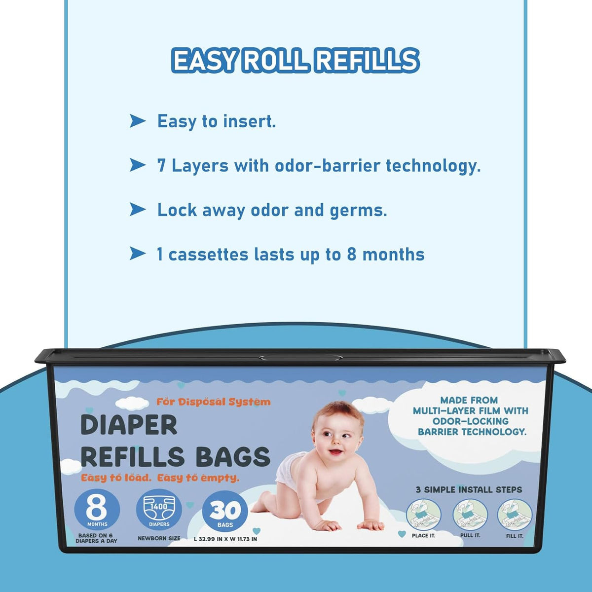 Diaper Pail Refills Bags with 30 Bags Compatible with Genie Easy Roll Signature Diaper Pails and Platinum Diaper Pails, Lasts Up to 8 Months, 7-Layer Odor-Barrier Technology, 2 Packs (60 Bags)