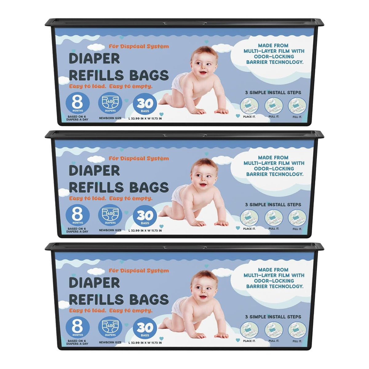 Diaper Pail Refills Bags with 30 Bags Compatible with Genie Easy Roll Signature Diaper Pails and Platinum Diaper Pails, Lasts Up to 8 Months, 7-Layer Odor-Barrier Technology, 2 Packs (60 Bags)