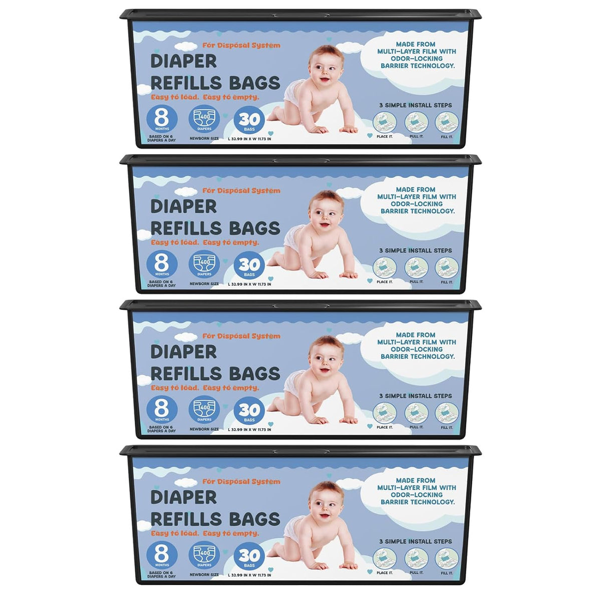 Diaper Pail Refills Bags with 30 Bags Compatible with Genie Easy Roll Signature Diaper Pails and Platinum Diaper Pails, Lasts Up to 8 Months, 7-Layer Odor-Barrier Technology, 2 Packs (60 Bags)