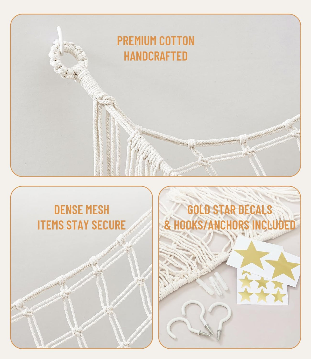 Lare Stuffed Animal Storage Hammock Corner Net - 45" W x 45" H(Cream White)