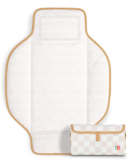 Portable Diaper Changing Pad - Waterproof Travel Changing Mat with Built-in Pillow, Gifts for Baby Shower, Newborn Girls & Boys（Beige Checkers）