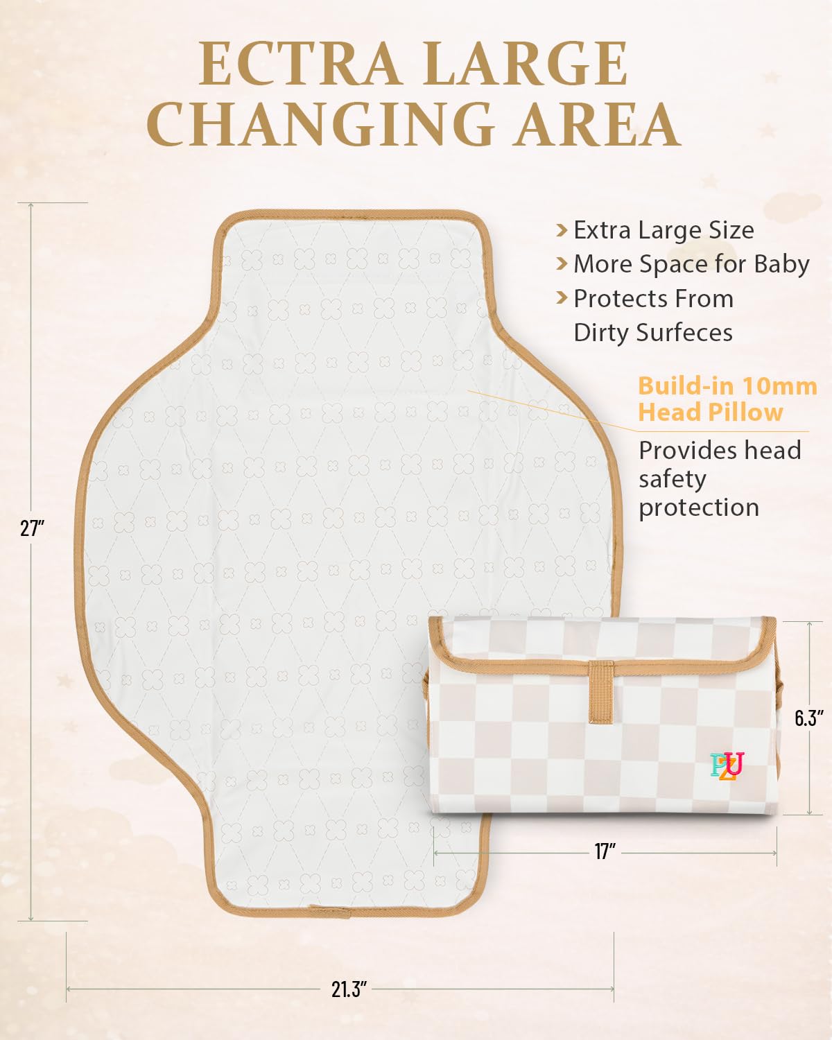 Portable Diaper Changing Pad - Waterproof Travel Changing Mat with Built-in Pillow, Gifts for Baby Shower, Newborn Girls & Boys（Beige Checkers）