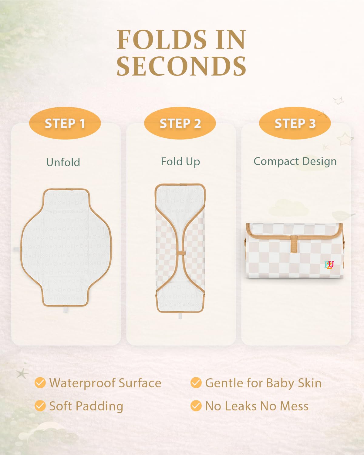 Portable Diaper Changing Pad - Waterproof Travel Changing Mat with Built-in Pillow, Gifts for Baby Shower, Newborn Girls & Boys（Beige Checkers）
