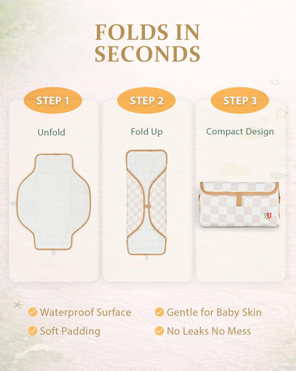 Portable Diaper Changing Pad - Waterproof Travel Changing Mat with Built-in Pillow, Gifts for Baby Shower, Newborn Girls & Boys（Beige Checkers）