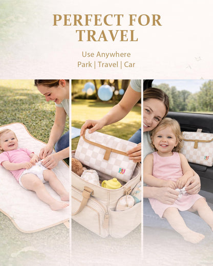 Portable Diaper Changing Pad - Waterproof Travel Changing Mat with Built-in Pillow, Gifts for Baby Shower, Newborn Girls & Boys（Beige Checkers）