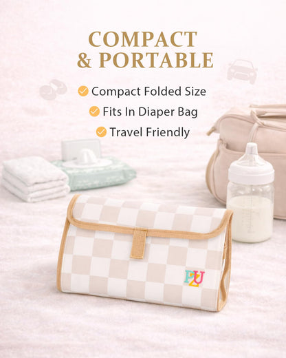 Portable Diaper Changing Pad - Waterproof Travel Changing Mat with Built-in Pillow, Gifts for Baby Shower, Newborn Girls & Boys（Beige Checkers）