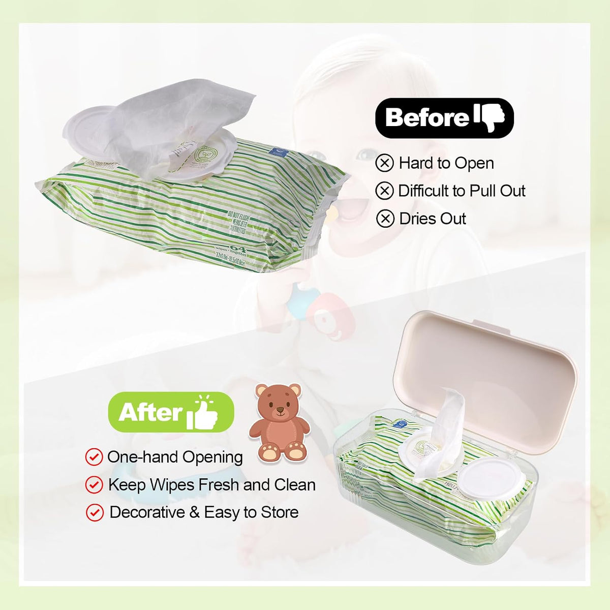 Wipes Dispenser Compatible with Huggies Flip-Top Pack, Clear Refillable Wipe Container, Reusable Wipe Holder, One-Handed Operation Lid, Keeps Wipes Clean and Fresh, for Bathroom