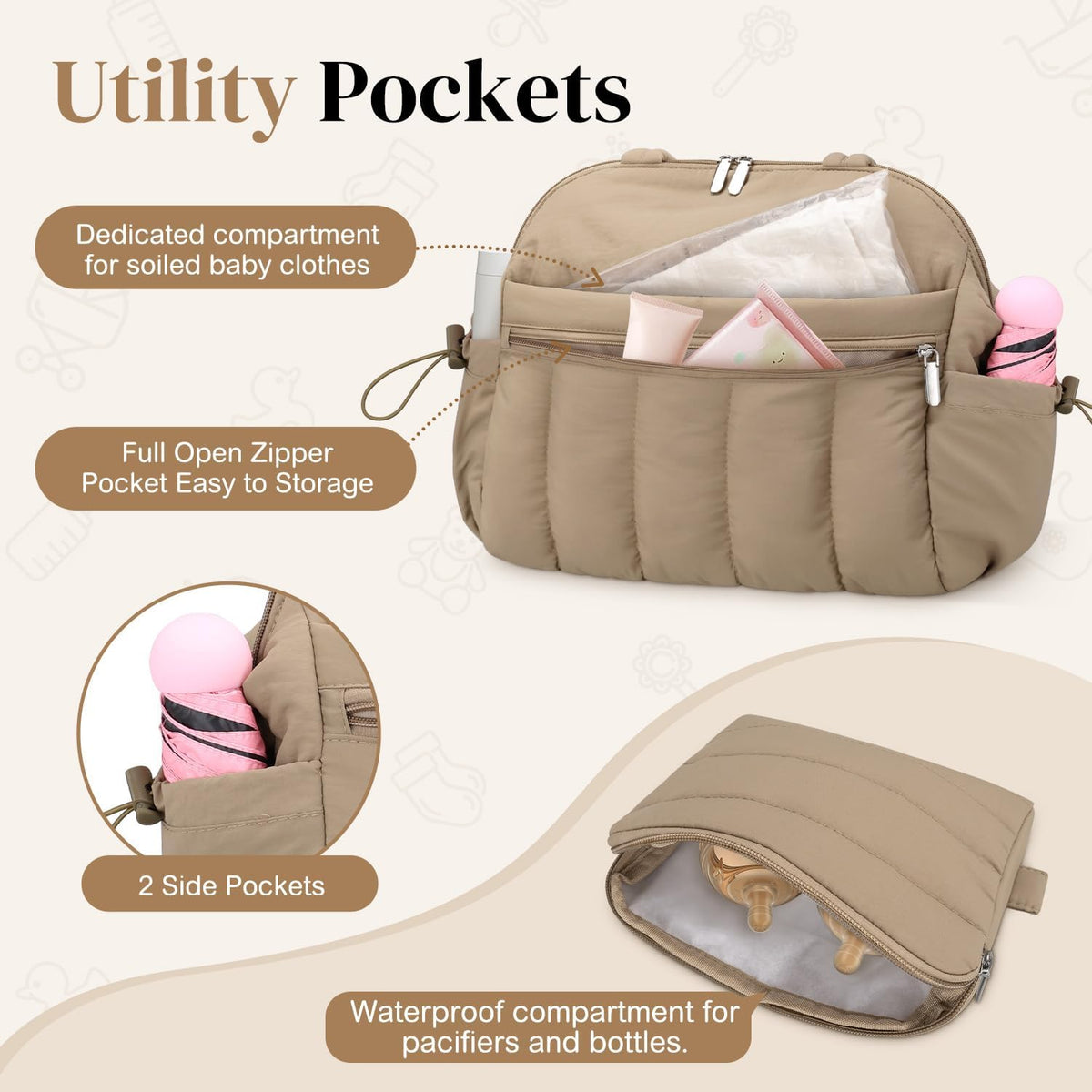 Diaper Bag Tote, Puffer Diaper Tote Bags Crossbody Hospital Bag Travel Large Mommy Bag, with Pacifier Case