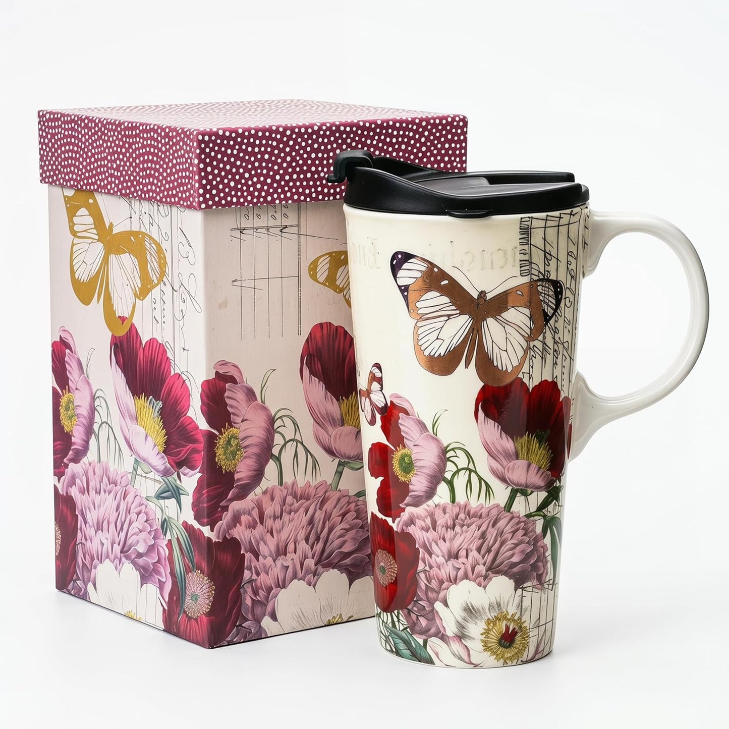 17oz Ceramic Travel Mug with Lid, Christian Butterfly Coffee Mug | Large Coffee Mug with Handle, Psalm 39:7 Floral Design, Microwave & Dishwasher Safe, Gift Box Included