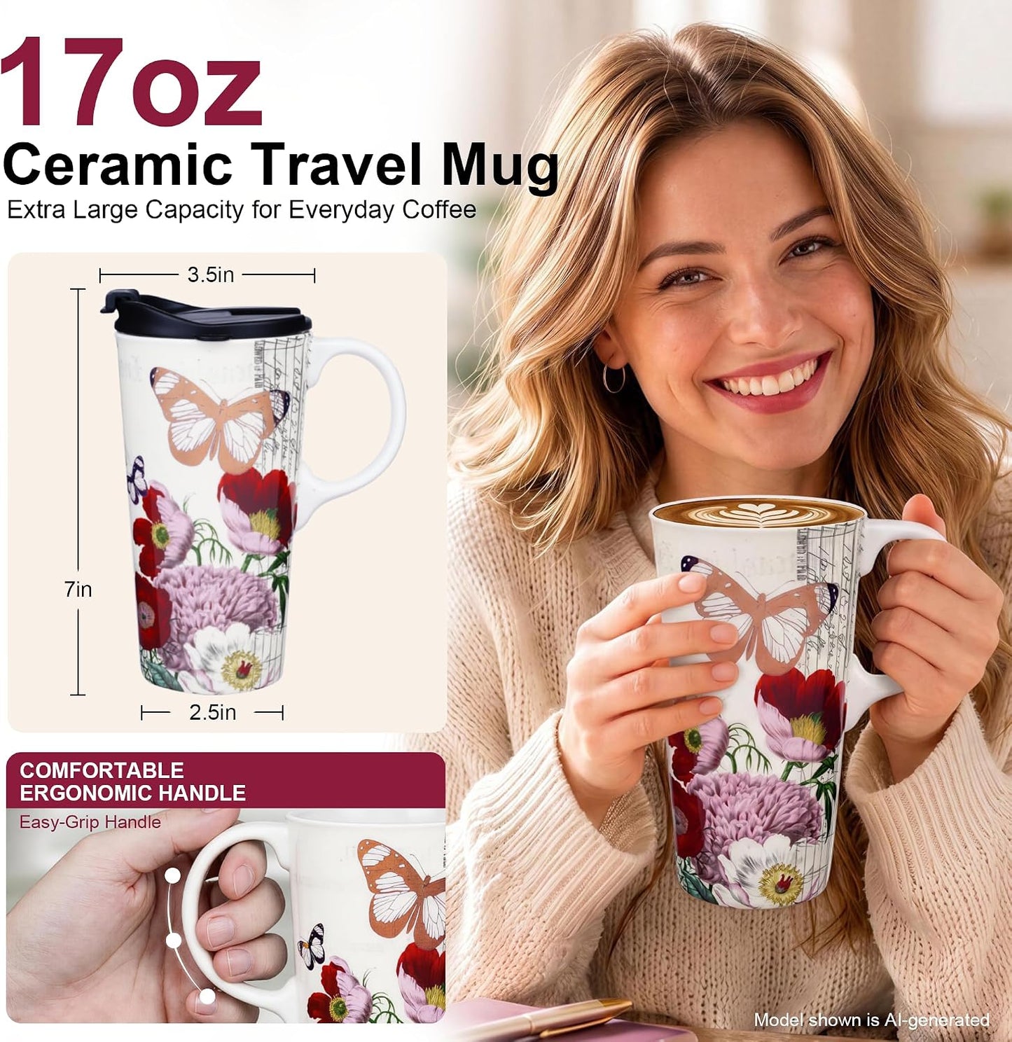 17oz Ceramic Travel Mug with Lid, Christian Butterfly Coffee Mug | Large Coffee Mug with Handle, Psalm 39:7 Floral Design, Microwave & Dishwasher Safe, Gift Box Included