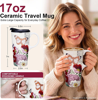 17oz Ceramic Travel Mug with Lid, Christian Butterfly Coffee Mug | Large Coffee Mug with Handle, Psalm 39:7 Floral Design, Microwave & Dishwasher Safe, Gift Box Included