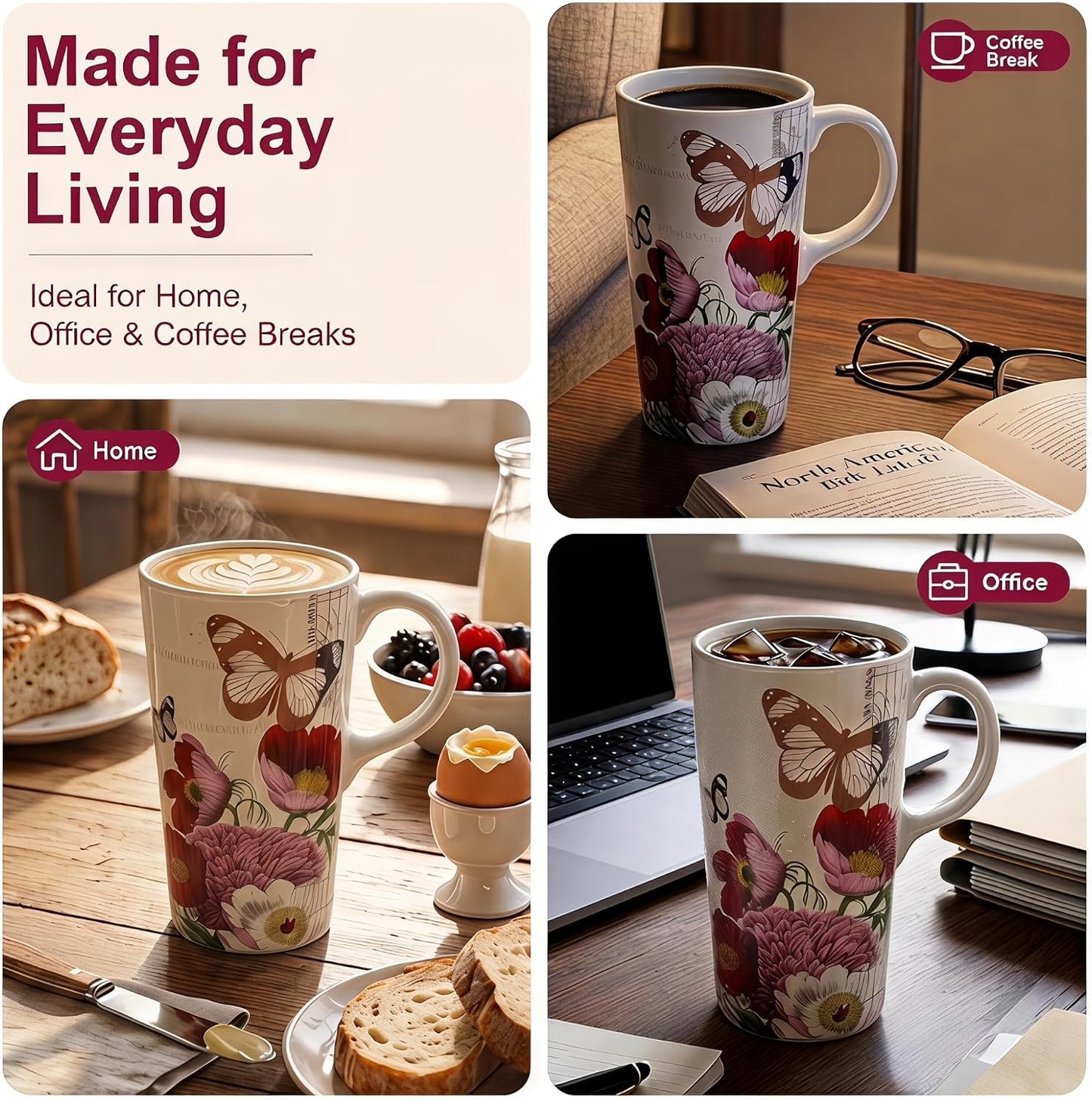 17oz Ceramic Travel Mug with Lid, Christian Butterfly Coffee Mug | Large Coffee Mug with Handle, Psalm 39:7 Floral Design, Microwave & Dishwasher Safe, Gift Box Included