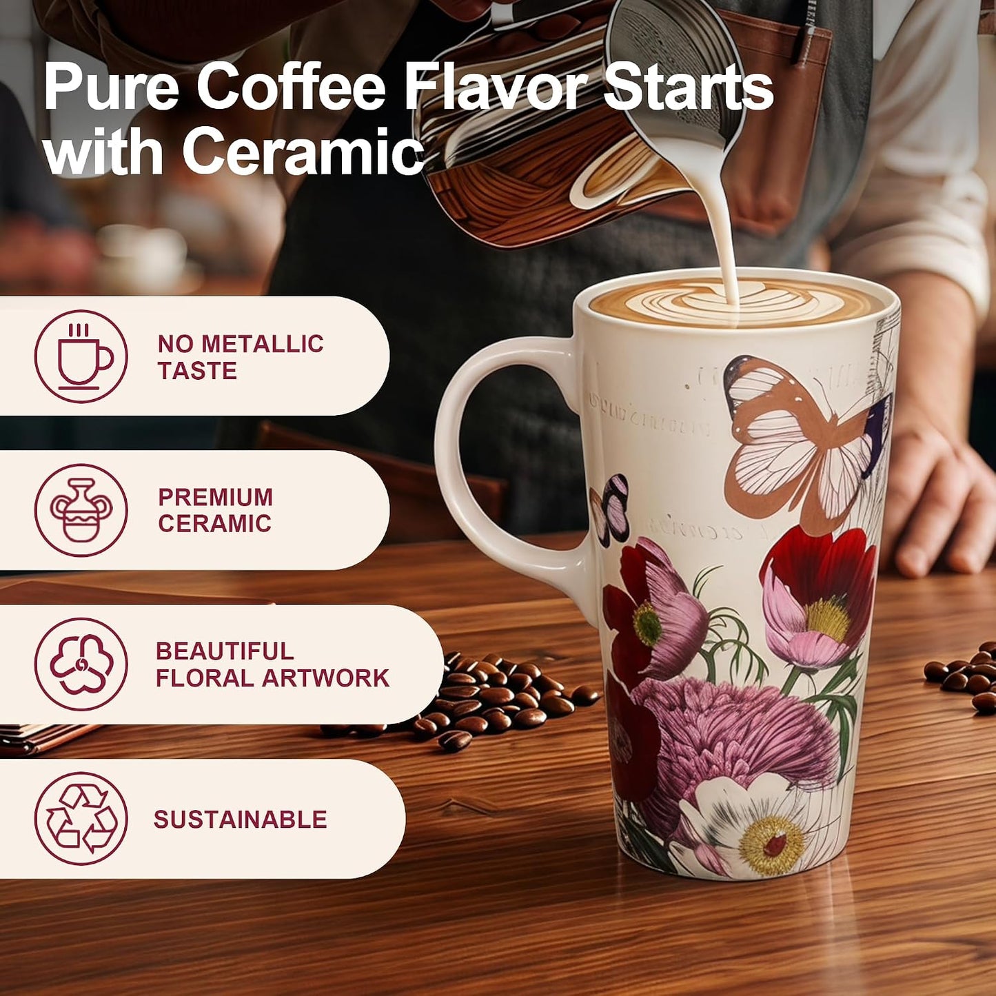 17oz Ceramic Travel Mug with Lid, Christian Butterfly Coffee Mug | Large Coffee Mug with Handle, Psalm 39:7 Floral Design, Microwave & Dishwasher Safe, Gift Box Included