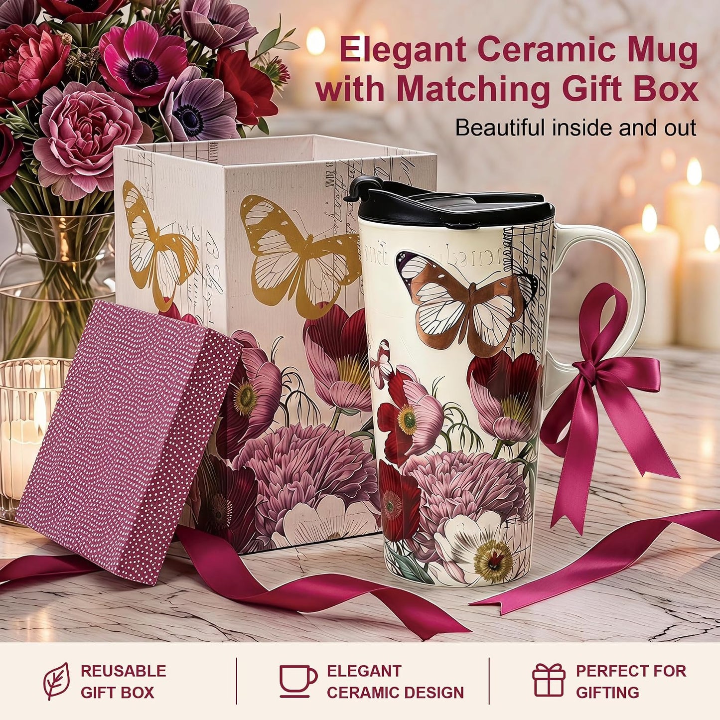 17oz Ceramic Travel Mug with Lid, Christian Butterfly Coffee Mug | Large Coffee Mug with Handle, Psalm 39:7 Floral Design, Microwave & Dishwasher Safe, Gift Box Included