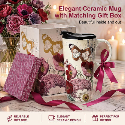 17oz Ceramic Travel Mug with Lid, Christian Butterfly Coffee Mug | Large Coffee Mug with Handle, Psalm 39:7 Floral Design, Microwave & Dishwasher Safe, Gift Box Included