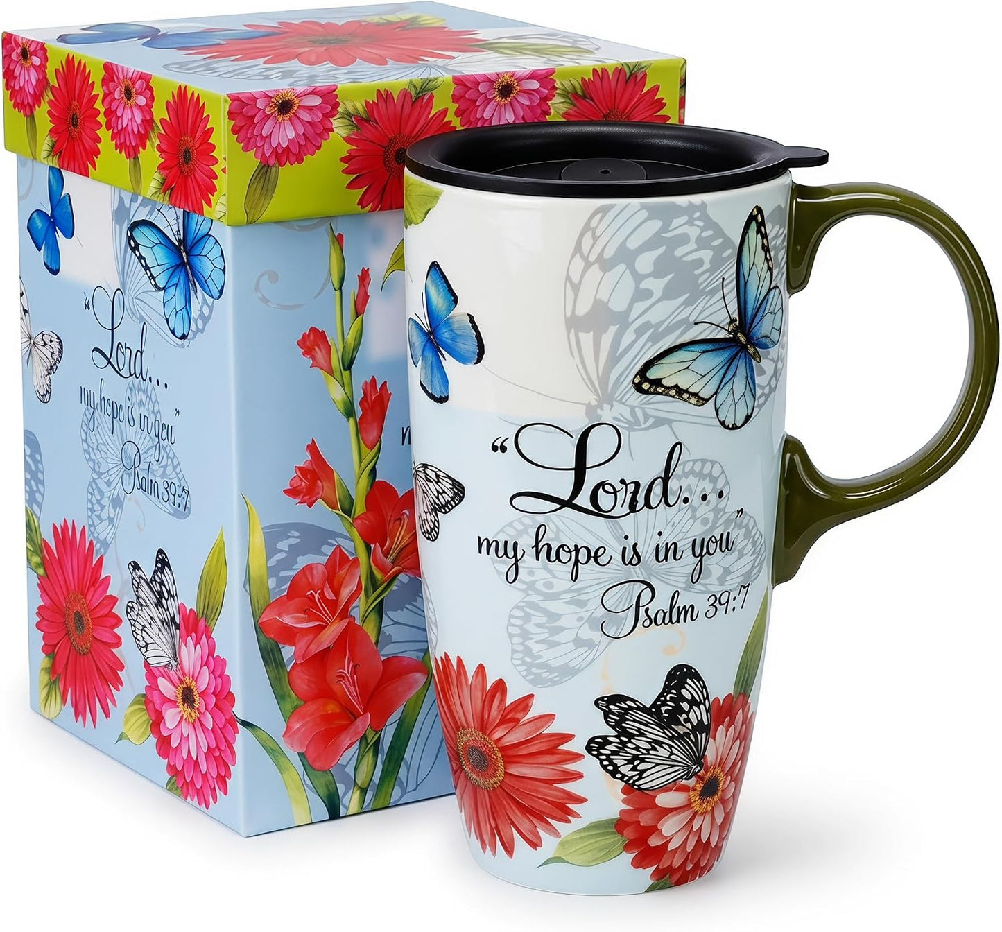 17oz Ceramic Travel Mug with Lid, Christian Butterfly Coffee Mug | Large Coffee Mug with Handle, Psalm 39:7 Floral Design, Microwave & Dishwasher Safe, Gift Box Included