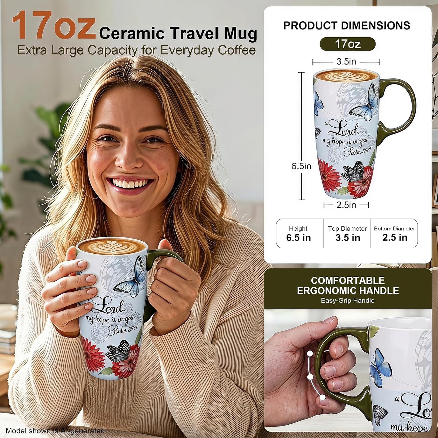 17oz Ceramic Travel Mug with Lid, Christian Butterfly Coffee Mug | Large Coffee Mug with Handle, Psalm 39:7 Floral Design, Microwave & Dishwasher Safe, Gift Box Included