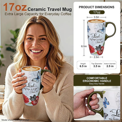 17oz Ceramic Travel Mug with Lid, Christian Butterfly Coffee Mug | Large Coffee Mug with Handle, Psalm 39:7 Floral Design, Microwave & Dishwasher Safe, Gift Box Included