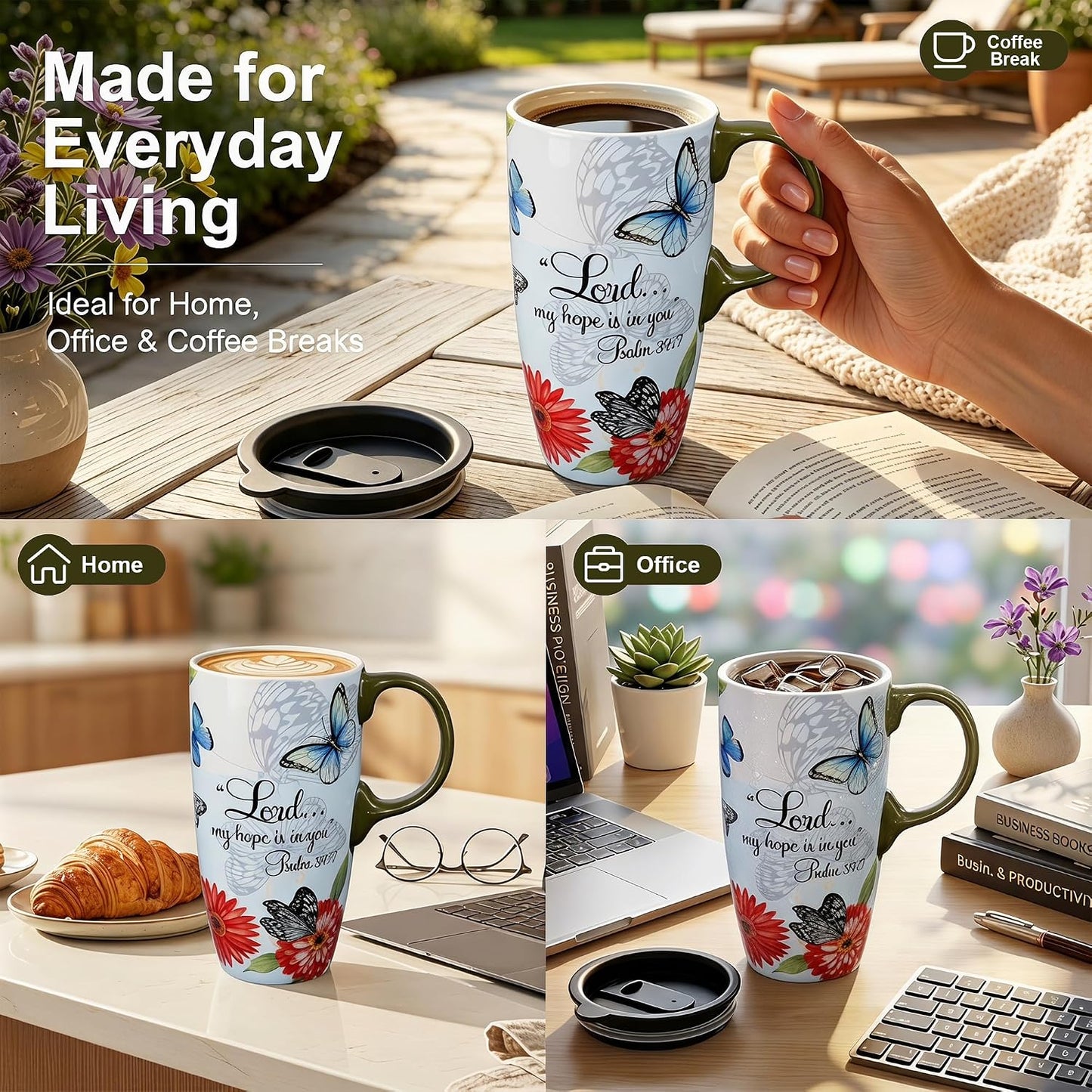 17oz Ceramic Travel Mug with Lid, Christian Butterfly Coffee Mug | Large Coffee Mug with Handle, Psalm 39:7 Floral Design, Microwave & Dishwasher Safe, Gift Box Included