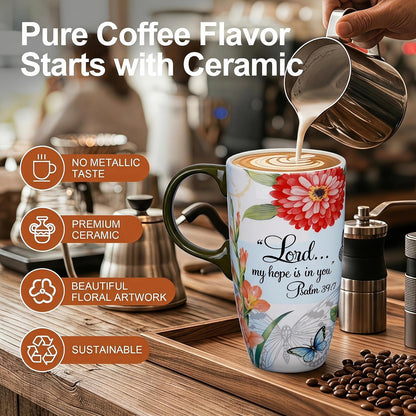 17oz Ceramic Travel Mug with Lid, Christian Butterfly Coffee Mug | Large Coffee Mug with Handle, Psalm 39:7 Floral Design, Microwave & Dishwasher Safe, Gift Box Included