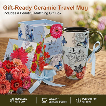 17oz Ceramic Travel Mug with Lid, Christian Butterfly Coffee Mug | Large Coffee Mug with Handle, Psalm 39:7 Floral Design, Microwave & Dishwasher Safe, Gift Box Included