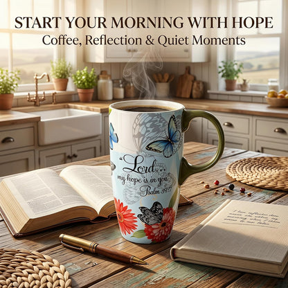 17oz Ceramic Travel Mug with Lid, Christian Butterfly Coffee Mug | Large Coffee Mug with Handle, Psalm 39:7 Floral Design, Microwave & Dishwasher Safe, Gift Box Included