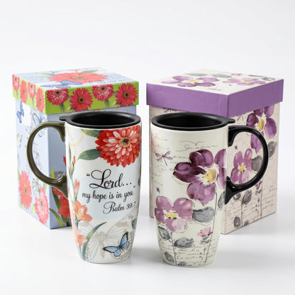 17oz Ceramic Travel Mug with Lid, Christian Butterfly Coffee Mug | Large Coffee Mug with Handle, Psalm 39:7 Floral Design, Microwave & Dishwasher Safe, Gift Box Included