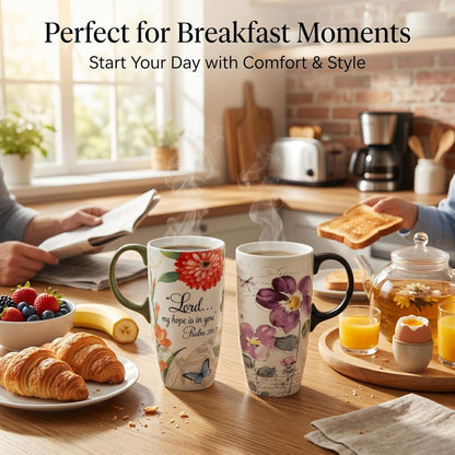 17oz Ceramic Travel Mug with Lid, Christian Butterfly Coffee Mug | Large Coffee Mug with Handle, Psalm 39:7 Floral Design, Microwave & Dishwasher Safe, Gift Box Included