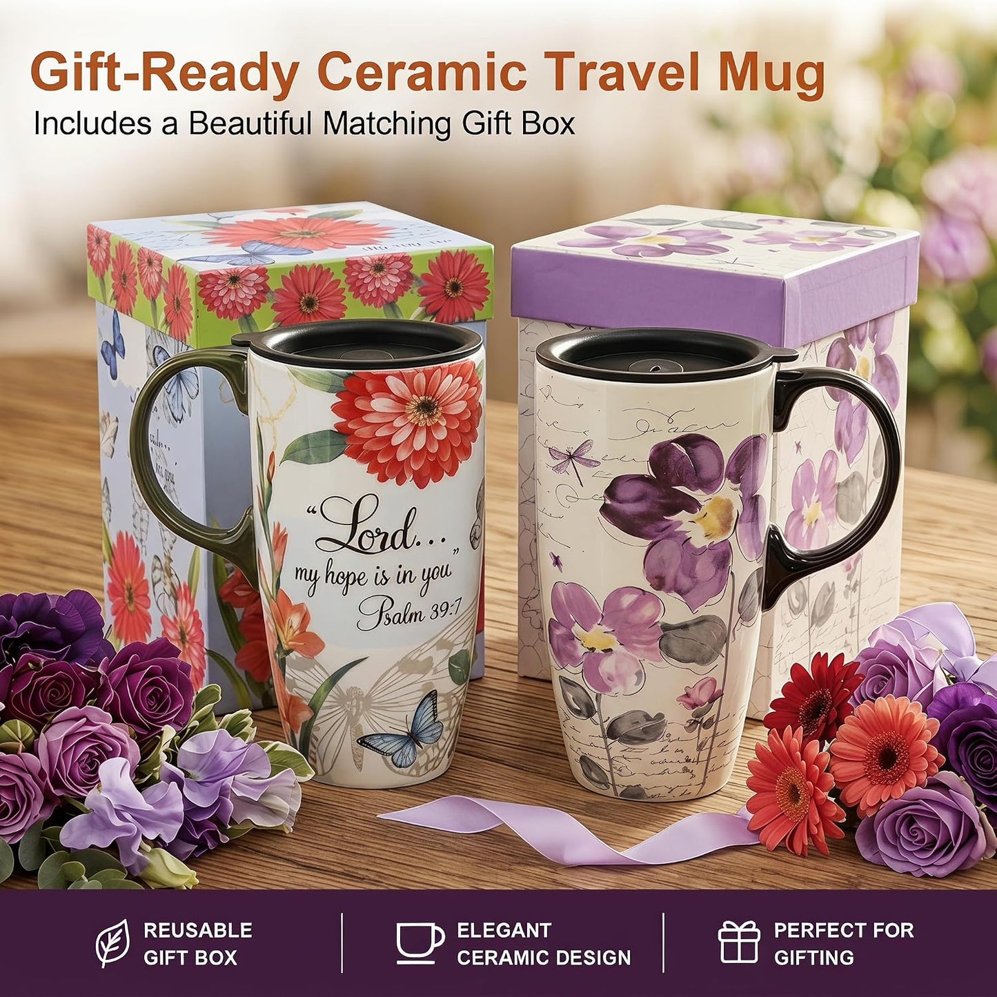 17oz Ceramic Travel Mug with Lid, Christian Butterfly Coffee Mug | Large Coffee Mug with Handle, Psalm 39:7 Floral Design, Microwave & Dishwasher Safe, Gift Box Included