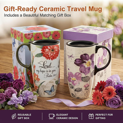 17oz Ceramic Travel Mug with Lid, Christian Butterfly Coffee Mug | Large Coffee Mug with Handle, Psalm 39:7 Floral Design, Microwave & Dishwasher Safe, Gift Box Included