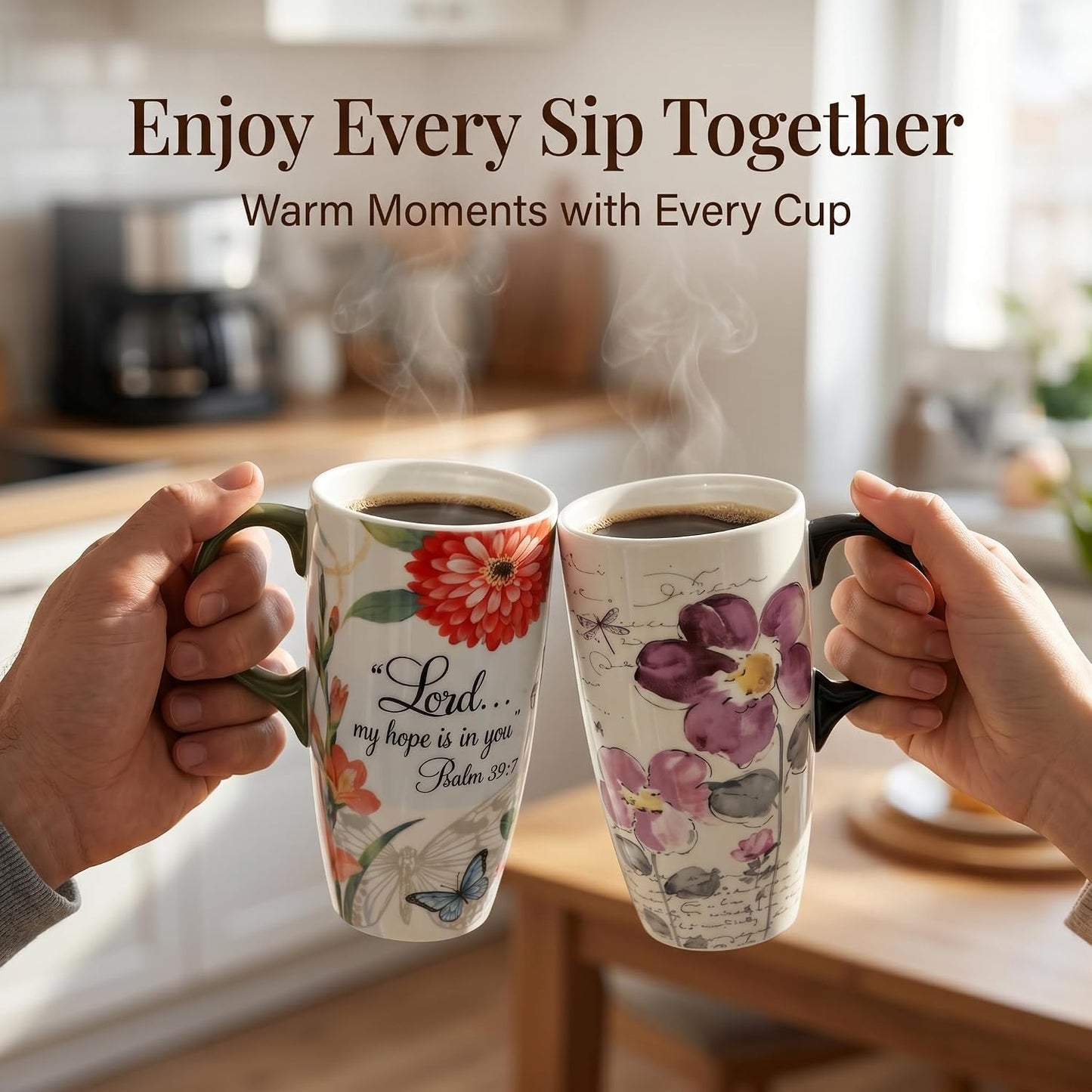 17oz Ceramic Travel Mug with Lid, Christian Butterfly Coffee Mug | Large Coffee Mug with Handle, Psalm 39:7 Floral Design, Microwave & Dishwasher Safe, Gift Box Included