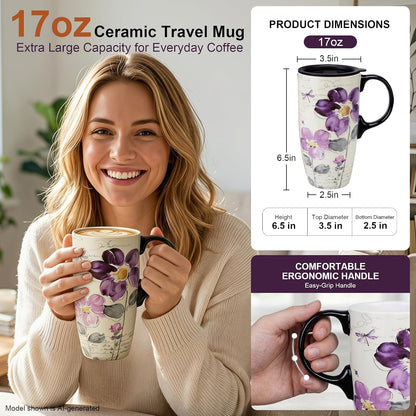 17oz Ceramic Travel Mug with Lid, Christian Butterfly Coffee Mug | Large Coffee Mug with Handle, Psalm 39:7 Floral Design, Microwave & Dishwasher Safe, Gift Box Included