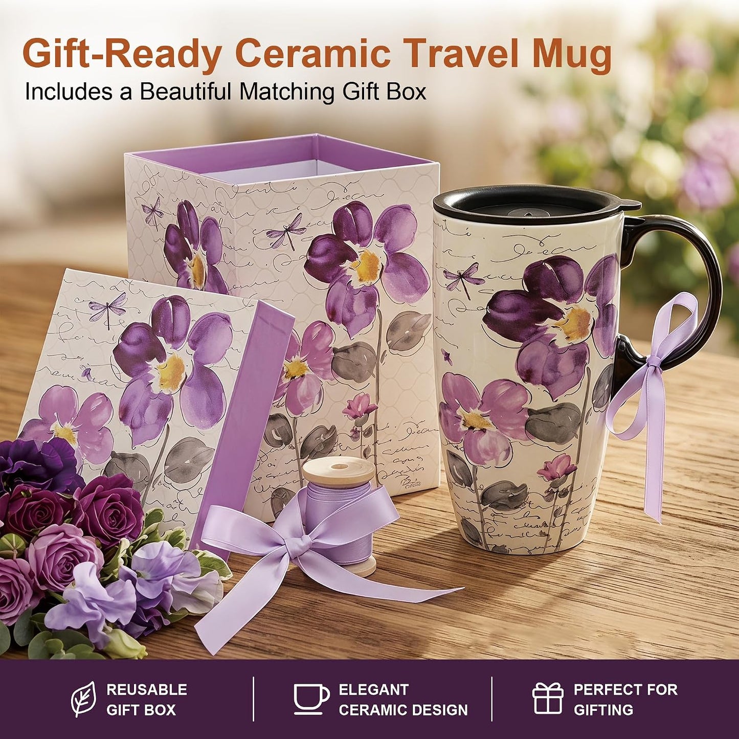 17oz Ceramic Travel Mug with Lid, Christian Butterfly Coffee Mug | Large Coffee Mug with Handle, Psalm 39:7 Floral Design, Microwave & Dishwasher Safe, Gift Box Included