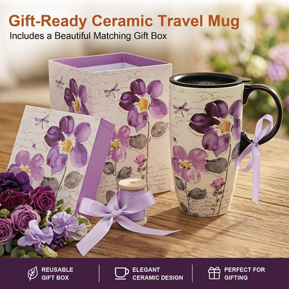 17oz Ceramic Travel Mug with Lid, Christian Butterfly Coffee Mug | Large Coffee Mug with Handle, Psalm 39:7 Floral Design, Microwave & Dishwasher Safe, Gift Box Included