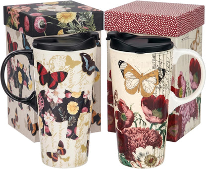 17oz Ceramic Travel Mug with Lid, Christian Butterfly Coffee Mug | Large Coffee Mug with Handle, Psalm 39:7 Floral Design, Microwave & Dishwasher Safe, Gift Box Included