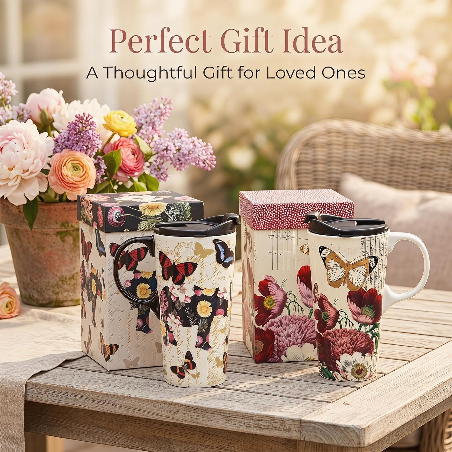 17oz Ceramic Travel Mug with Lid, Christian Butterfly Coffee Mug | Large Coffee Mug with Handle, Psalm 39:7 Floral Design, Microwave & Dishwasher Safe, Gift Box Included