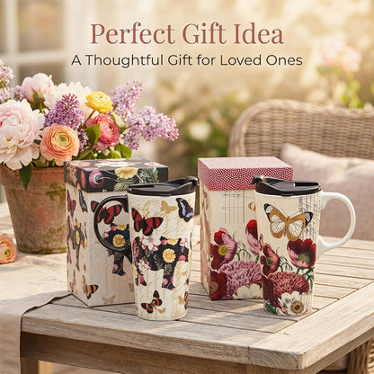 17oz Ceramic Travel Mug with Lid, Christian Butterfly Coffee Mug | Large Coffee Mug with Handle, Psalm 39:7 Floral Design, Microwave & Dishwasher Safe, Gift Box Included