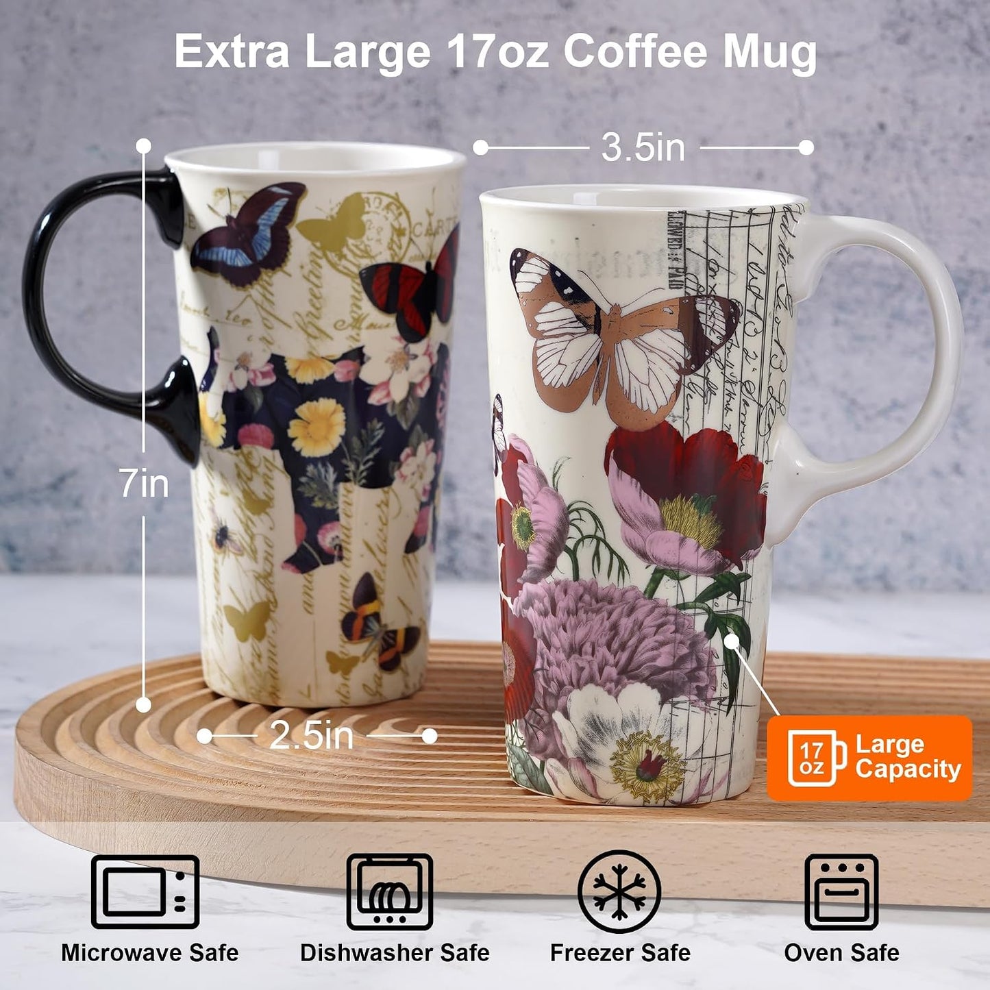17oz Ceramic Travel Mug with Lid, Christian Butterfly Coffee Mug | Large Coffee Mug with Handle, Psalm 39:7 Floral Design, Microwave & Dishwasher Safe, Gift Box Included