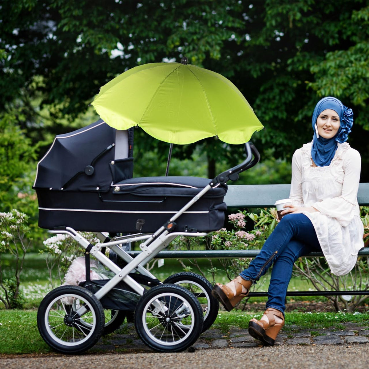 Stroller Umbrella with Adjustable Clamp - UV Protection Sun Shade for Baby Pram Toddler Stroller - Green Clip on Parasol for Wheelchairs, Trolley, Beach Chair Outdoor Use