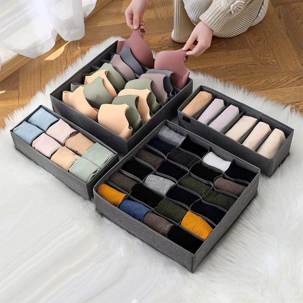 Underwear Organizer with Drawer Dividers, Foldable Fabric Dresser Closet Organizers Bins, Bedroom Cabinet Organization and Storage Box for Baby Clothes, Undies, Ties，Sock-Dark Grey (16cell)