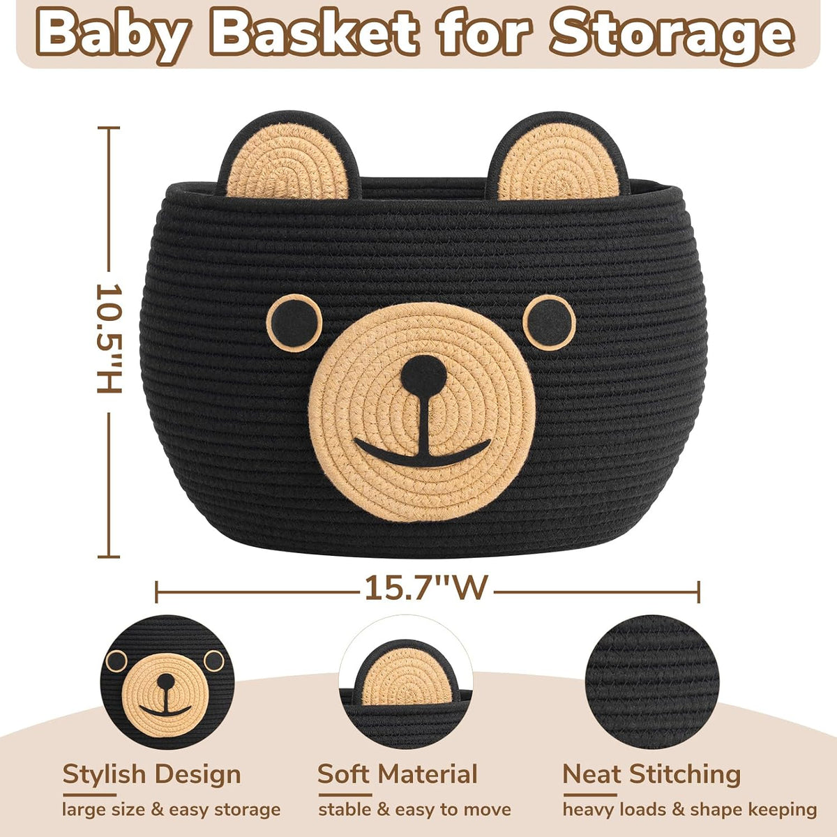 Baby Basket for Gifts Empty, Cute Bear Design, Light Brown