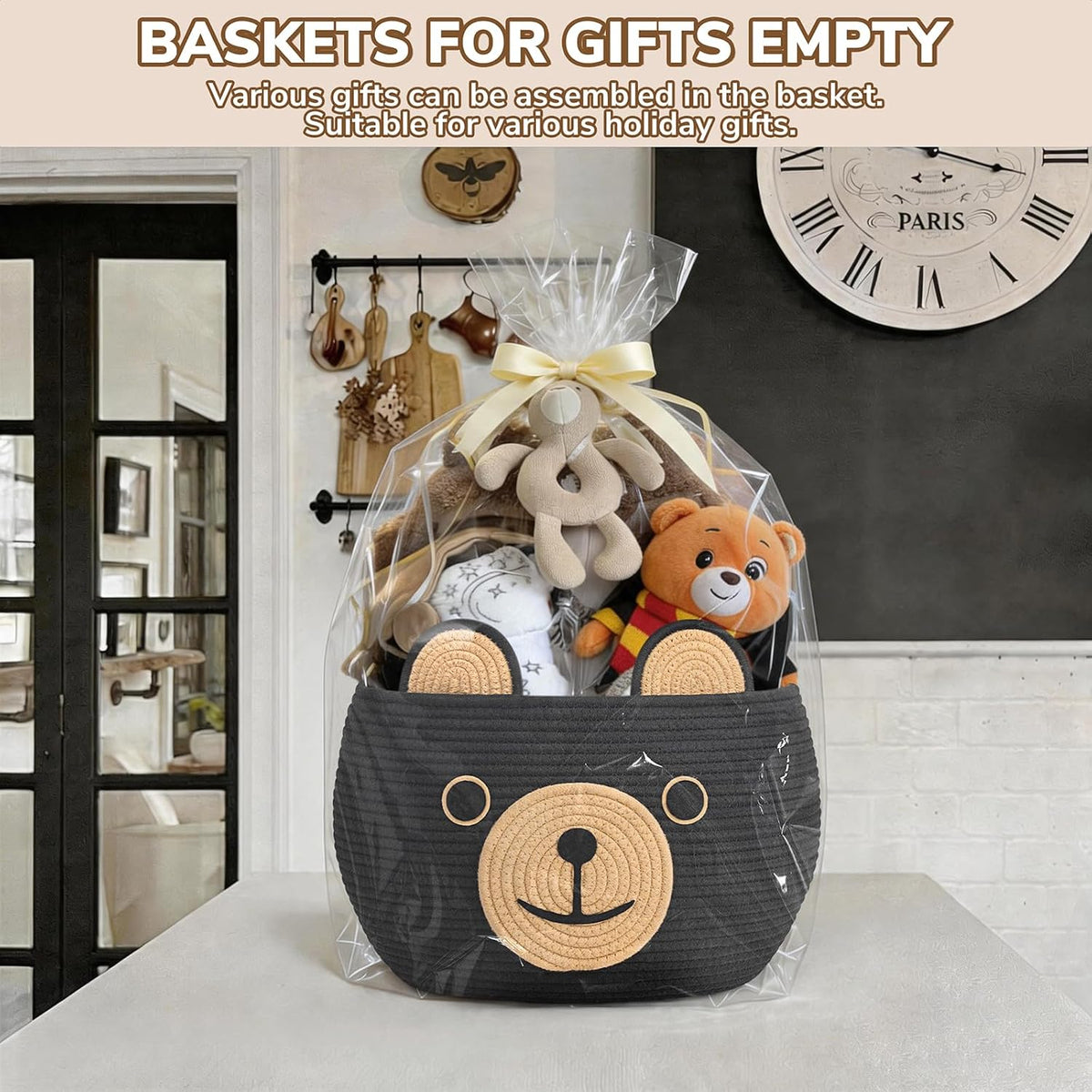 Baby Basket for Gifts Empty, Cute Bear Design, Light Brown