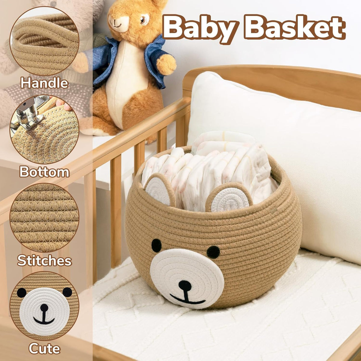 Baby Basket for Gifts Empty, Cute Bear Design, Light Brown