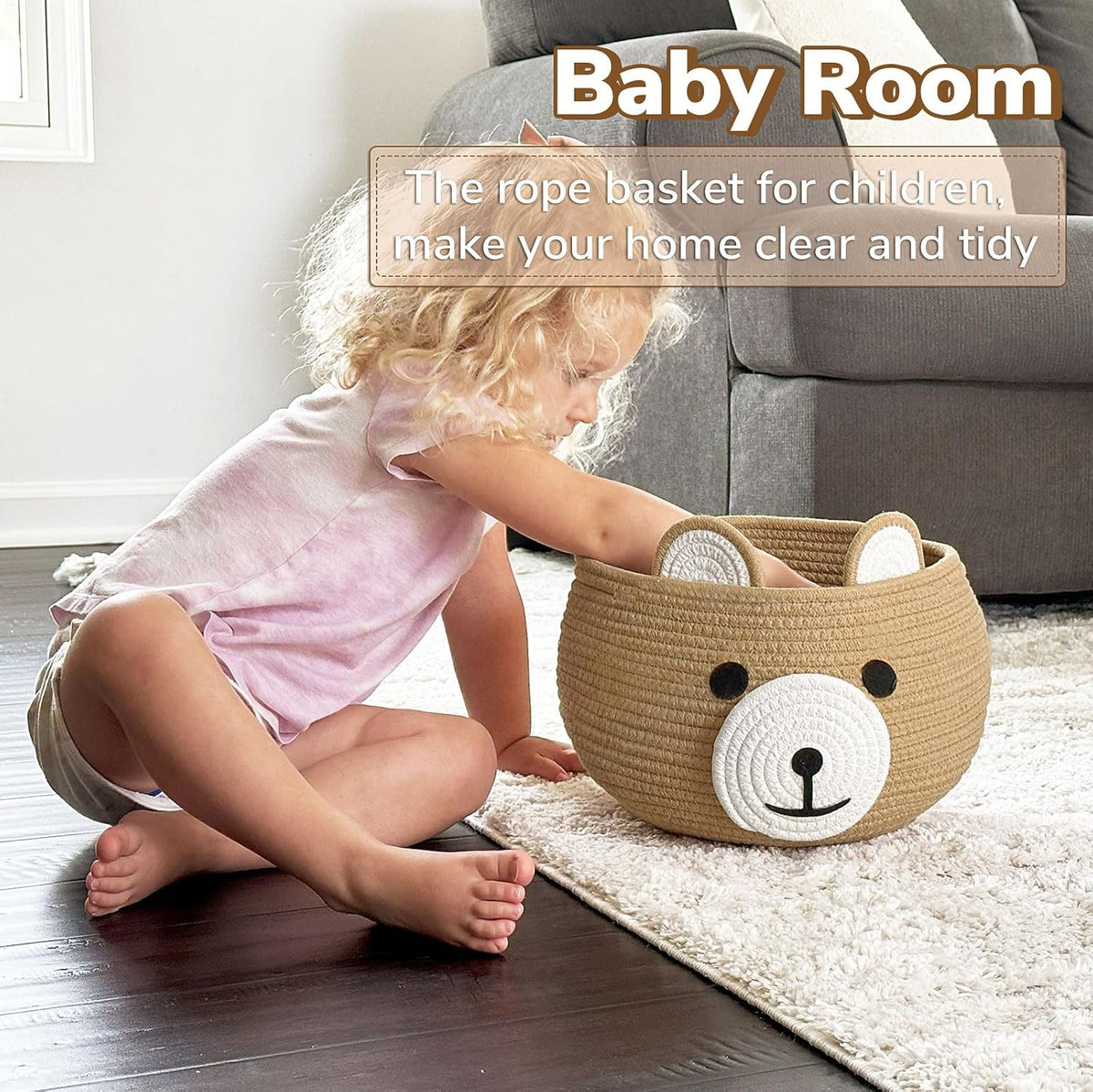 Baby Basket for Gifts Empty, Cute Bear Design, Light Brown