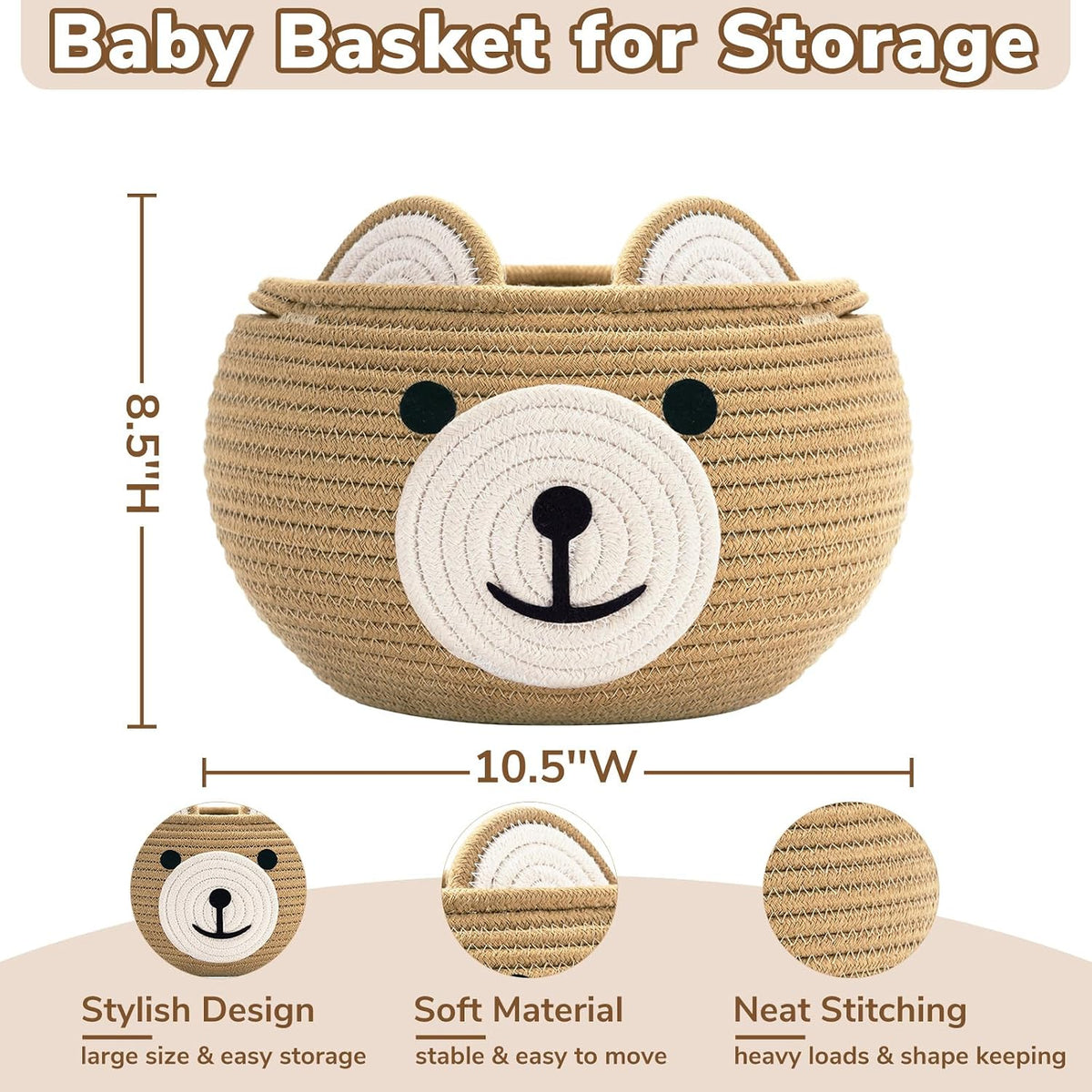 Baby Basket for Gifts Empty, Cute Bear Design, Light Brown