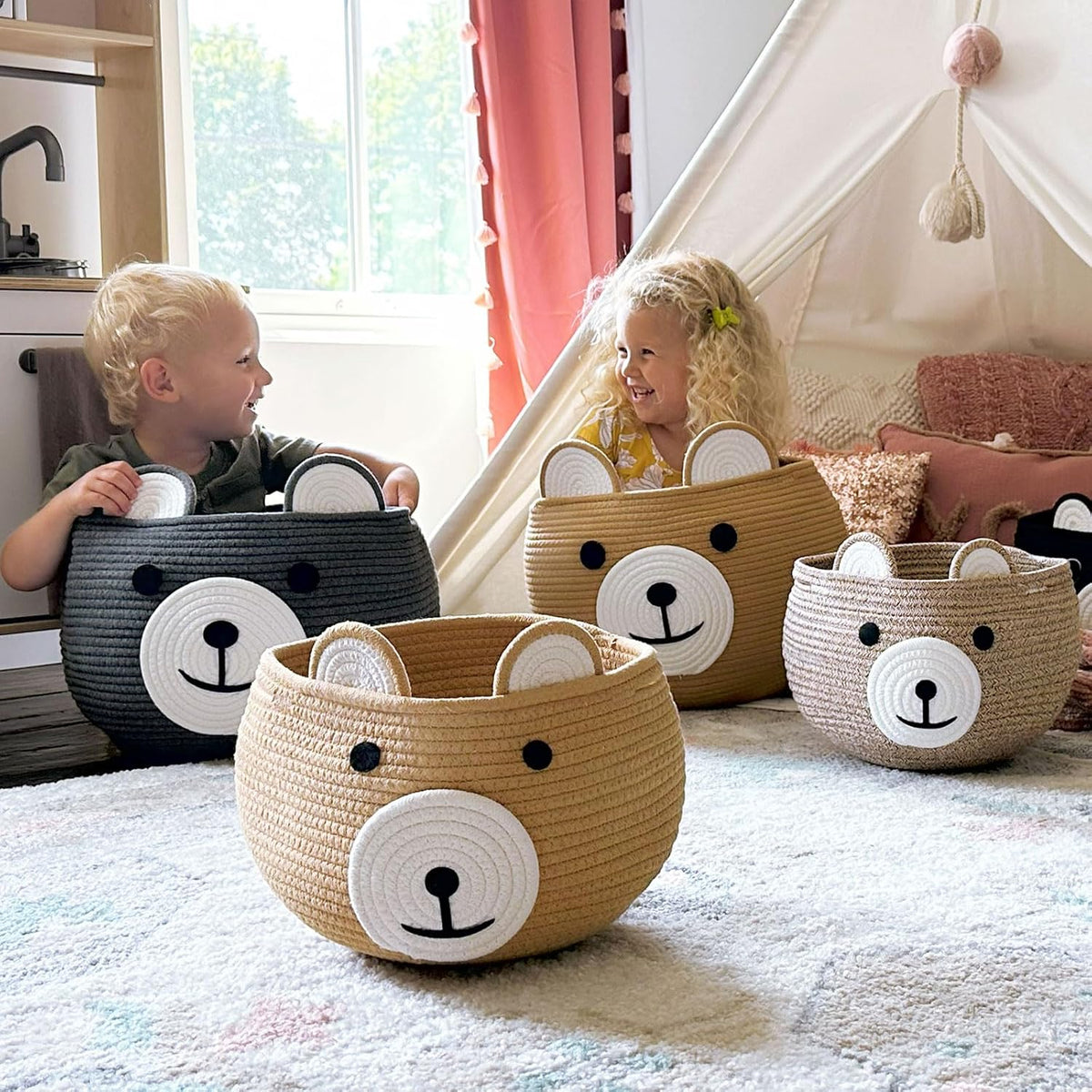 Baby Basket for Gifts Empty, Cute Bear Design, Light Brown